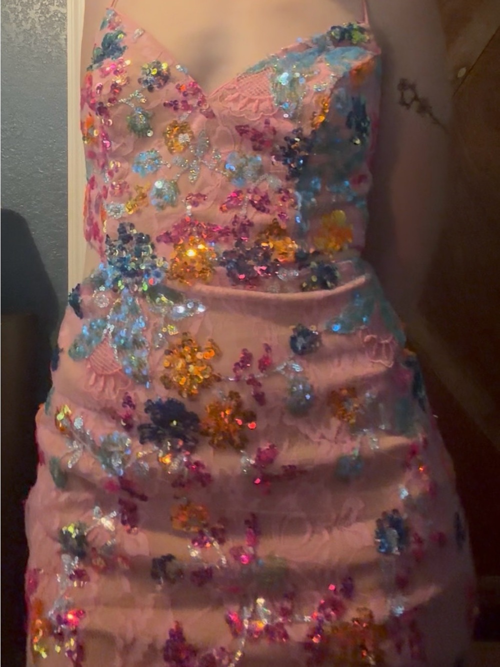 Pink Sequin Floral Prom dress